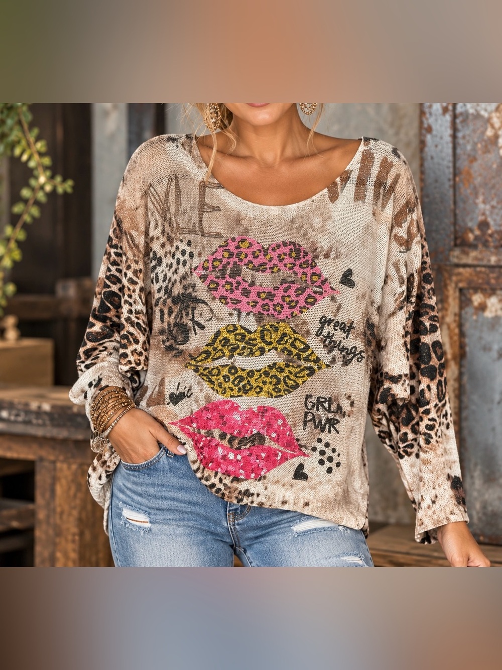 NWT Loowie Leopard Lips Graphic Mesh Sweater Blouse XL Boho Artsy